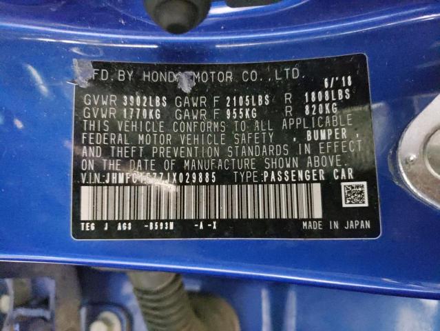 JHMFC1F77JX029885 - 2018 HONDA CIVIC EXL ლურჯი ფოტო 12