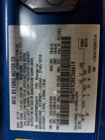 3FA6P0T92KR266614 - 2019 FORD FUSION SE BLUE photo 12