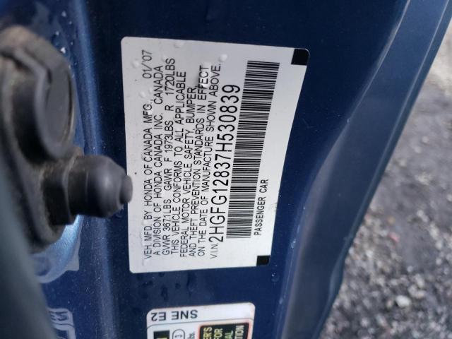 2HGFG12837H530839 - 2007 HONDA CIVIC EX BLUE photo 12