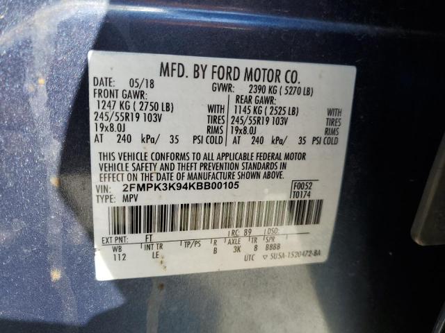 2FMPK3K94KBB00105 - 2019 FORD EDGE TITANIUM BLUE photo 13