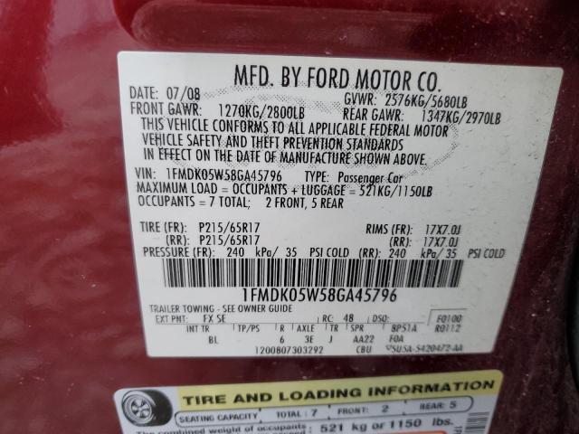 1FMDK05W58GA45796 - 2008 FORD TAURUS X SEL BURGUNDY photo 13