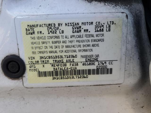 3N1CB51D53L712360 - 2003 NISSAN SENTRA XE WHITE photo 12