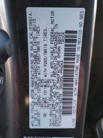 3TMJU4GN6FM189275 - 2015 TOYOTA TACOMA DOUBLE CAB PRERUNNER GRAY photo 12