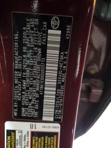 4T1BK1EB6DU055713 - 2013 TOYOTA AVALON BASE 勃艮第红 照片 12