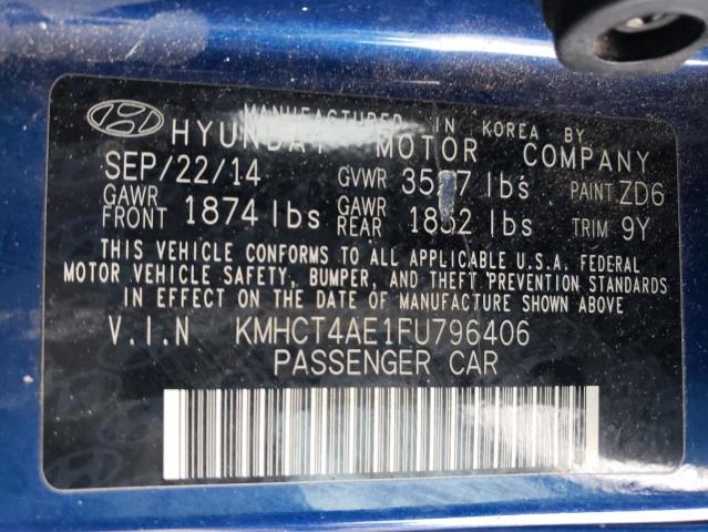 KMHCT4AE1FU796406 - 2015 HYUNDAI ACCENT GLS BLUE photo 12