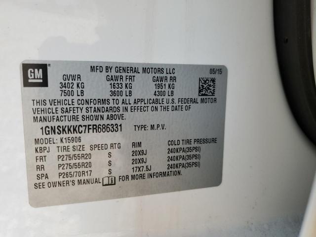 1GNSKKKC7FR686331 - 2015 CHEVROLET SUBURBAN K1500 LTZ WHITE photo 13