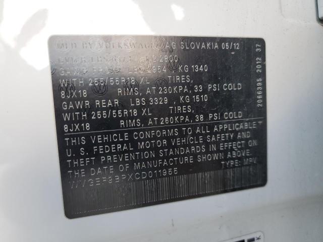 WVGEF9BPXCD011955 - 2012 VOLKSWAGEN TOUAREG V6 WHITE photo 12