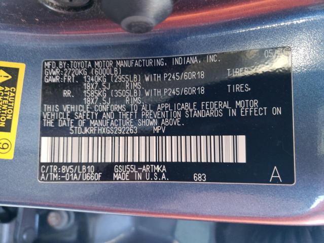 5TDJKRFHXGS292263 - 2016 TOYOTA HIGHLANDER XLE BLUE photo 13