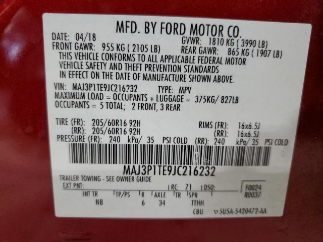 MAJ3P1TE9JC216232 - 2018 FORD ECOSPORT SE RED photo 13