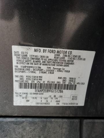 1FAHP2E89FG151286 - 2015 FORD TAURUS SEL GRAY photo 12