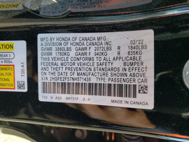 2HGFE2F57NH571435 - 2022 HONDA CIVIC SPORT 黑色 照片 12