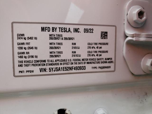 5YJSA1E52NF493933 - 2022 TESLA MODEL S Սպիտակ լուսանկար 13
