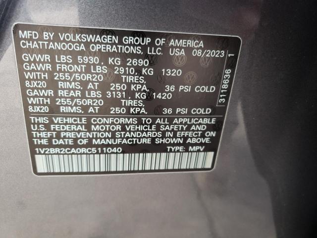 1V2BR2CA0RC511040 - 2024 VOLKSWAGEN ATLAS SEL GRAY photo 12
