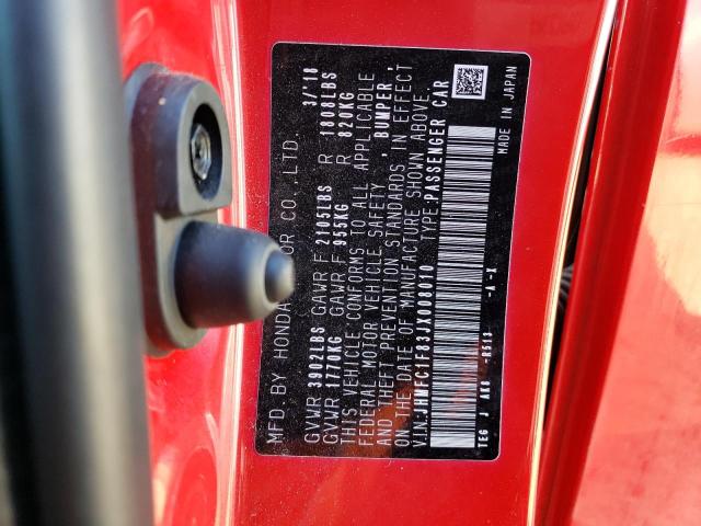 JHMFC1F83JX008010 - 2018 HONDA CIVIC EX RED photo 12