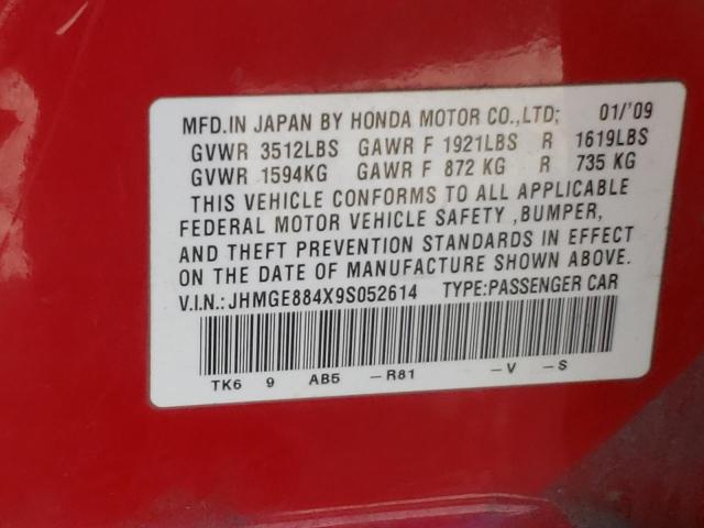JHMGE884X9S052614 - 2009 HONDA FIT SPORT RED photo 12