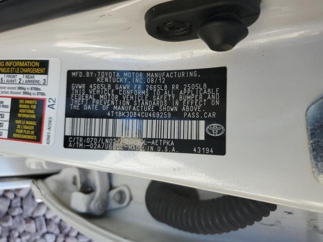 4T1BK3DB4CU469259 - 2012 TOYOTA AVALON BASE 白色 照片 12
