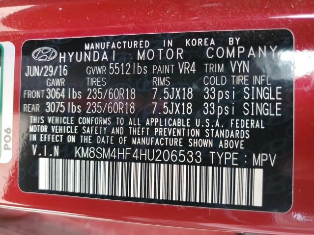 KM8SM4HF4HU206533 - 2017 HYUNDAI SANTA FE SE RED photo 13