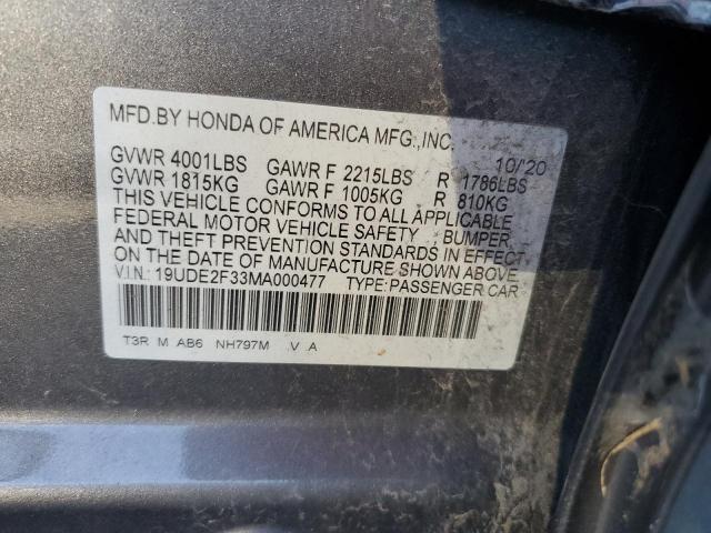 19UDE2F33MA000477 - 2021 ACURA ILX GRAY photo 12