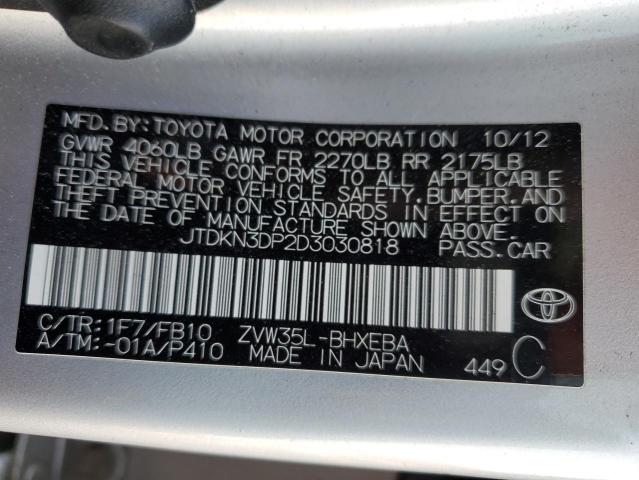 JTDKN3DP2D3030818 - 2013 TOYOTA PRIUS PLUG SILVER photo 12