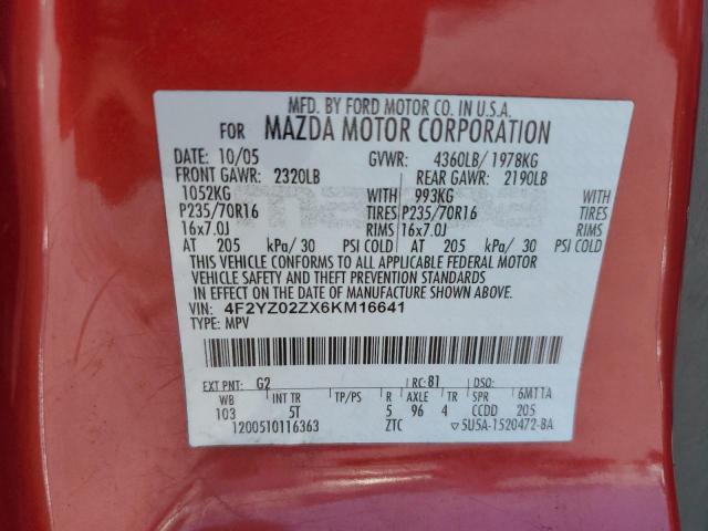 4F2YZ02ZX6KM16641 - 2006 MAZDA TRIBUTE I RED photo 13