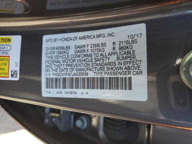 1HGCV1F47JA030639 - 2018 HONDA ACCORD EX GRAY photo 12