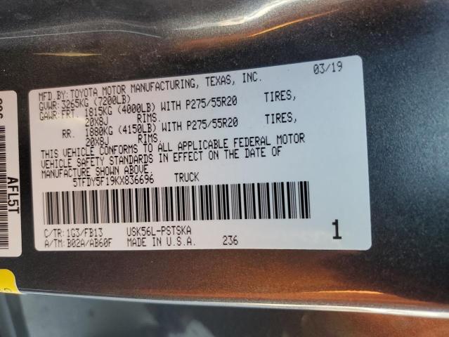 5TFDY5F19KX836696 - 2019 TOYOTA TUNDRA CREWMAX SR5 CHARCOAL photo 12