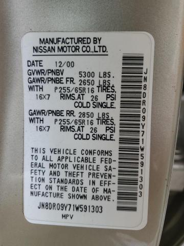 JN8DR09Y71W591303 - 2001 NISSAN PATHFINDER LE TAN photo 12