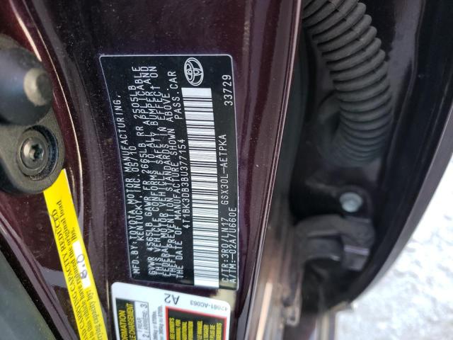 4T1BK3DB3BU377154 - 2011 TOYOTA AVALON BASE 勃艮第红 照片 12