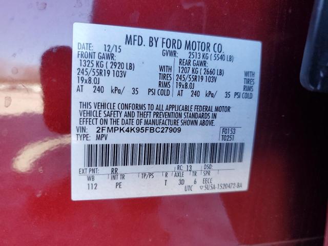 2FMPK4K95FBC27909 - 2015 FORD EDGE TITANIUM RED photo 12