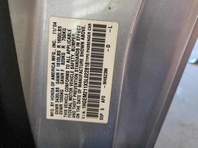 1HGEM211X5L022818 - 2005 HONDA CIVIC DX VP Silber Foto 12