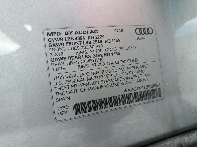 WA1ECCFS1JR026623 - 2018 AUDI Q3 PREMIUM SILVER photo 12