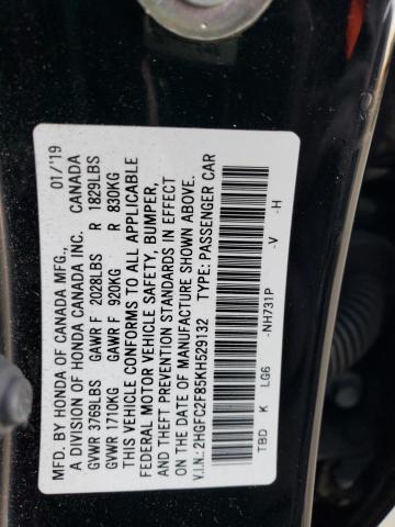 2HGFC2F85KH529132 - 2019 HONDA CIVIC SPORT შავი ფოტო 12