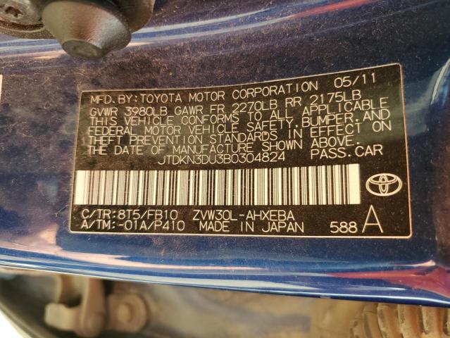 JTDKN3DU3B0304824 - 2011 TOYOTA PRIUS BLUE photo 12