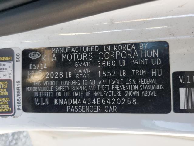 KNADM4A34E6420268 - 2014 KIA RIO LX WHITE photo 12