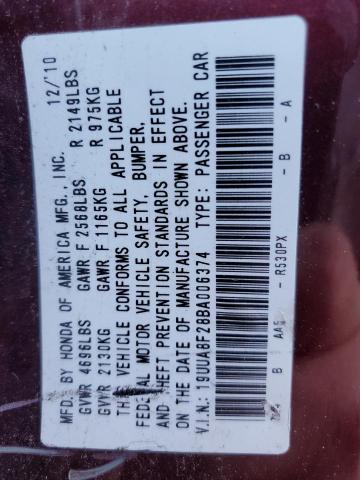 19UUA8F28BA006374 - 2011 ACURA TL PURPLE photo 12