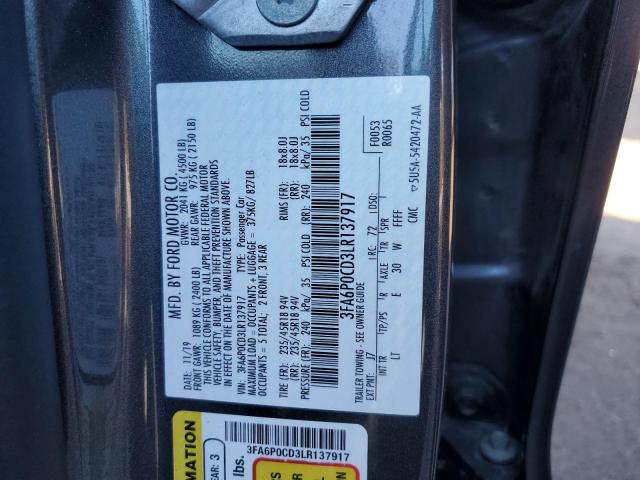 3FA6P0CD3LR137917 - 2020 FORD FUSION SEL GRAY photo 12