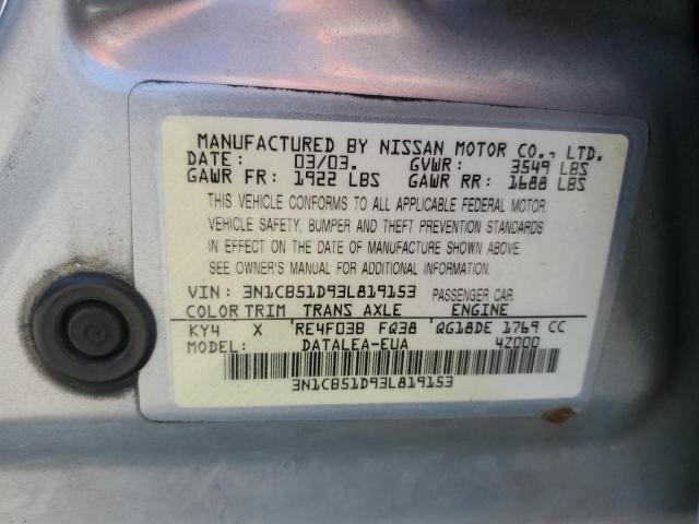 3N1CB51D93L819153 - 2003 NISSAN SENTRA XE SILVER photo 12