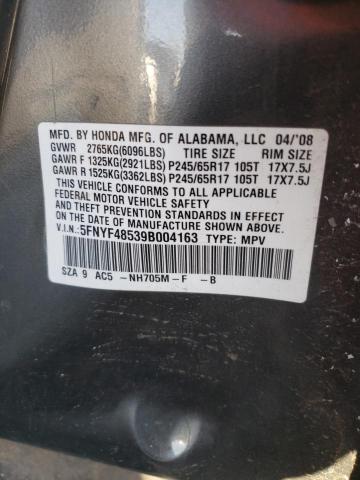 5FNYF48539B004163 - 2009 HONDA PILOT EXL CHARCOAL photo 14