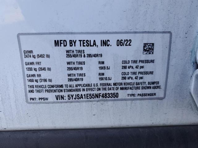 5YJSA1E55NF483350 - 2022 TESLA MODEL S Սպիտակ լուսանկար 12