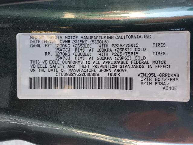 5TESN92N52Z080888 - 2002 TOYOTA TACOMA XTRACAB PRERUNNER მწვანე ფოტო 12