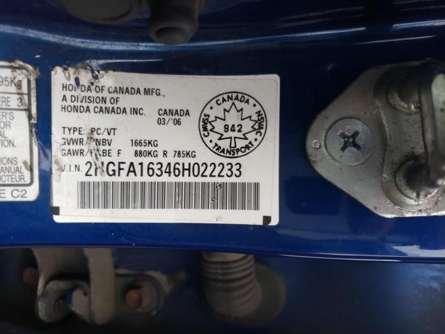 2HGFA16346H022233 - 2006 HONDA CIVIC DX VP BLUE photo 12