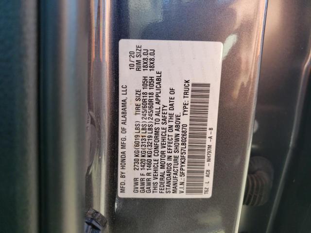 5FPYK3F57LB026870 - 2020 HONDA RIDGELINE RTL GRAY photo 12