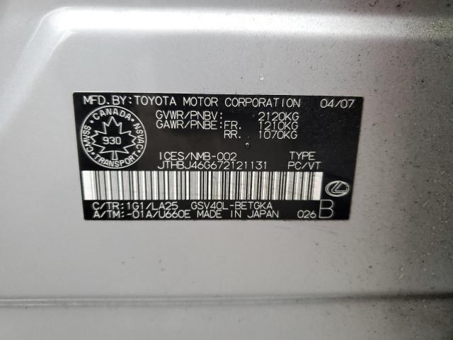 JTHBJ46G672121131 - 2007 LEXUS ES350 350 SILVER photo 12