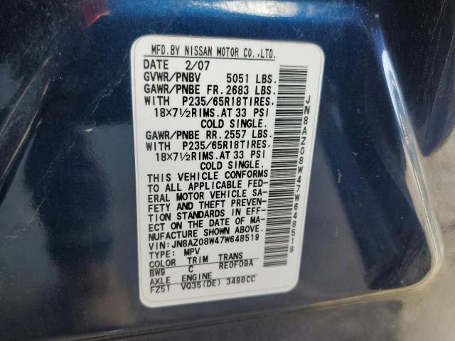 JN8AZ08W47W648519 - 2007 NISSAN MURANO SL BLUE photo 13