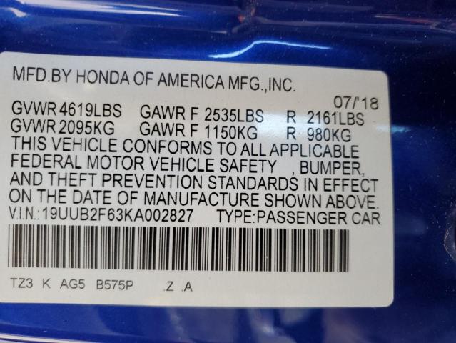 19UUB2F63KA002827 - 2019 ACURA TLX TECHNOLOGY BLUE photo 12