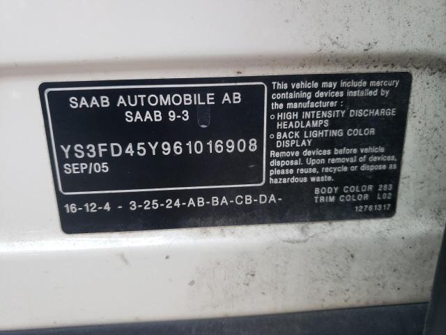 YS3FD45Y961016908 - 2006 SAAB 9 3 WHITE photo 12