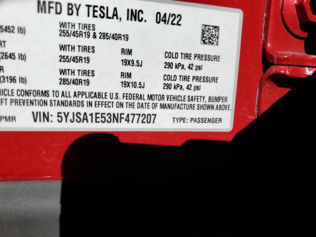5YJSA1E53NF477207 - 2022 TESLA MODEL S Qırmızı foto 12