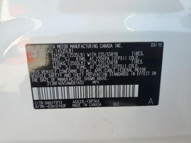 2T3RF4DV5AW081402 - 2010 TOYOTA RAV4 SPORT WHITE photo 13