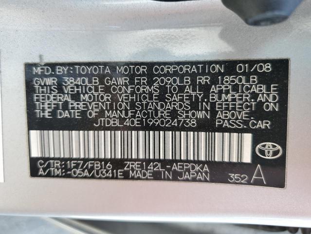 JTDBL40E199024738 - 2009 TOYOTA COROLLA BASE SILVER photo 12