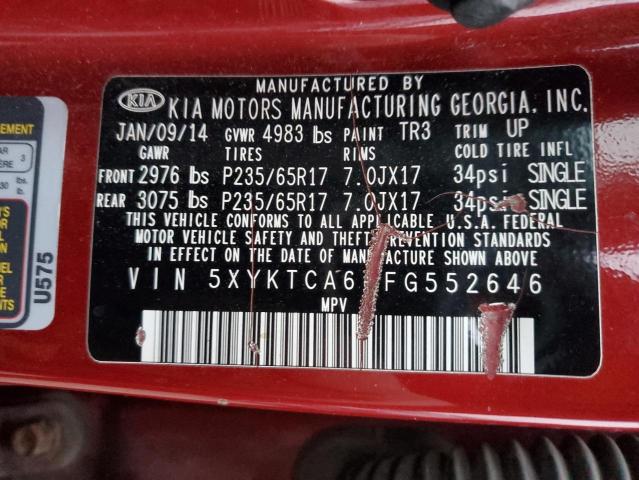 5XYKTCA61FG552646 - 2015 KIA SORENTO LX RED photo 12